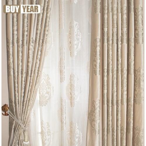 Europe-style Velvet Curtains for Living Room Gold Stamping Process Window Curtains for Bedroom High-grade Drapes Beige Curtains