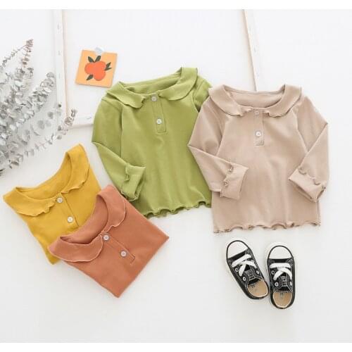 2 3 4 5 6 Y Baby Girls Tshirt Child Autumn Clothes Solid Cotton Tops Cute Doll Collar Lace Long Sleeve Tshirts for Toddler Girl