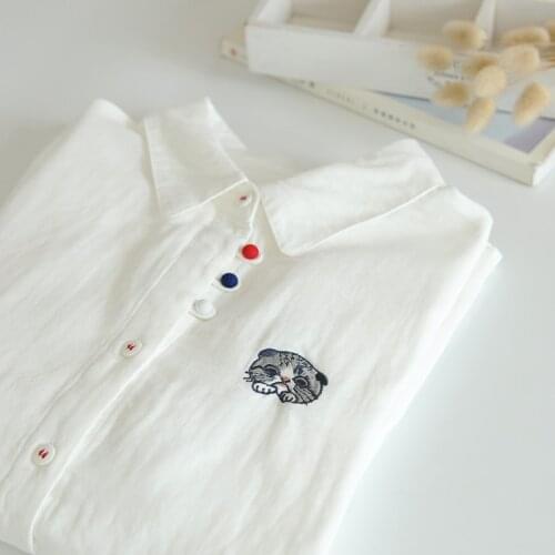 Lamtrip Kawaii Cartoon Cat Embroidery Peter Pan Collar Long Sleeve Cotton Yarn Shirt Blouse Mori Girl Vintage Top 2021 Autumn