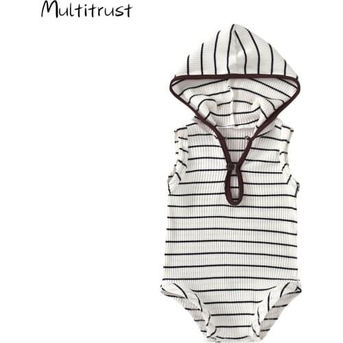 Summer Newborn Toddler Baby Boys Girls Sleeveless Striped Hooded Knitted Bodysuit Jumpsuits Outfits 0-24M