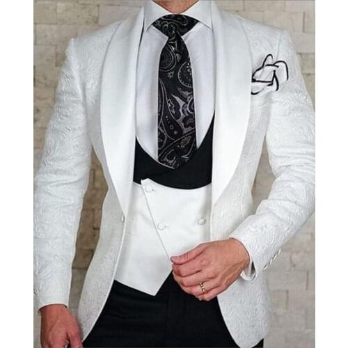 Custom Made Male Suits Classic Ivory Floral Jacquard Slim Fit Wedding Suits For Groom Tuxedos 3 Pieces Groomsmen Suits Best Man