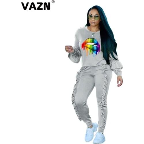 VAZN 2020 New Classic Gray Plus Size Sweet Young Daily Simple Tracksuits Full Sleeve Group Long Pants Slim Women 2 Piece Set