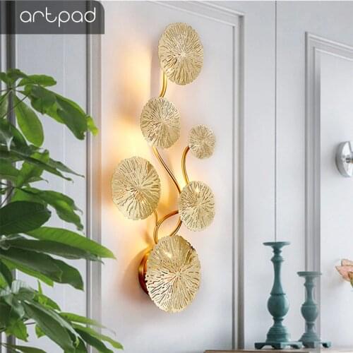 Artpad Copper Lustre Gold Lotus Leaf Wall Light Vintage Retro Wall Sconce Indoor Bedside lamp for Bedroom Wall Decoration