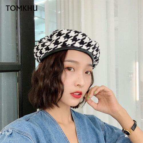 New Fall Winter Plaid Beret Hats For Women French Berets Fashion Female Houndstooth Berets Black Berets With Adjustable Rope