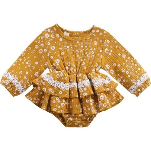 Baby Girls Autumn Rompers Toddler Newborn Infant Girls Floral Print Cotton Long Sleeve Ruffle Jumpsuits Baby Clothes
