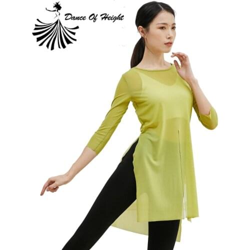 Sexy Classical Dance Practice Shirt See Through Ballet Stretch Mesh Tops Side Split Folk Dance Body Suits 3/4 Sleeve Summer 2XL