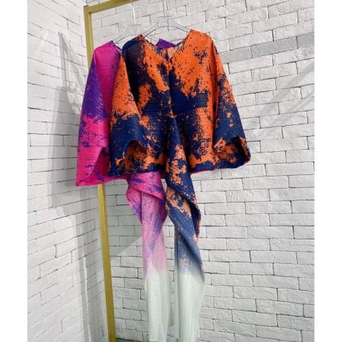 Elegant Fashion Dress For Women Plus Size 45-75kg 2021 New V-Neck Batwing Sleeves Stretch Miyake Pleated Print Dresses Female