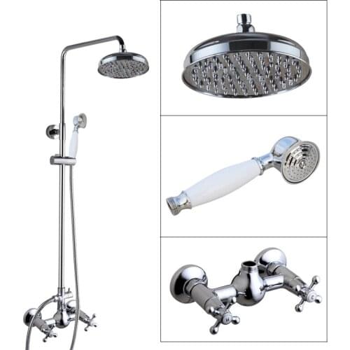 Polished Chrome Brass Dual Cross Handles Wall Mounted Bathroom 8" Round Rain Shower Head Faucet Set Bath Mixer Taps mcy302