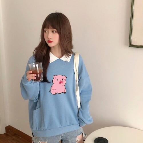 Pullover Cotton Kawaii Big Print Sweatshirt Harajuku Oversized Turn-down Collar Hoodie Long Sleeve Pocket Tops Green Swearshirt