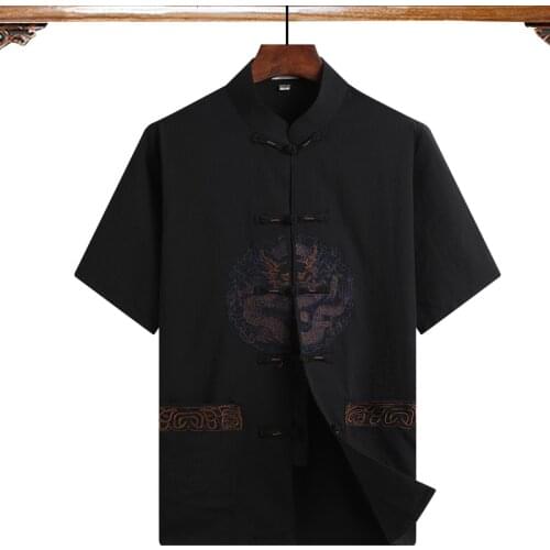 Black Embroidery Dragon Chinese Men Kung Fu Shirt Cotton Linen Wu Shu Uniform Short Sleeve Tai Chi Blouse Tops