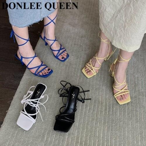 Fashion Brand Square Toe Sandals Women Low Heel Lace Up Ankle Strap Cross-tied Gladiator Sandal New Summer Shoe Sandalias Mujer