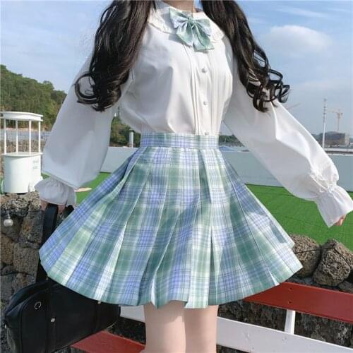 JK Uniforms Bow Doll Collar Shirt High-Waisted Plaid Pleated Skirt Suit Female Summer japanese fashion school uniform