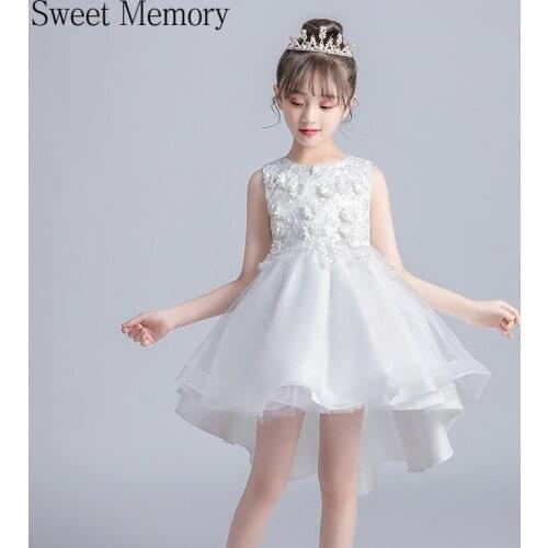 High Low White Pink Flower Girl Dress 2021 Wedding Guest Appliques Lace Communion Dresses Children Tulle Robes Sweet Memory