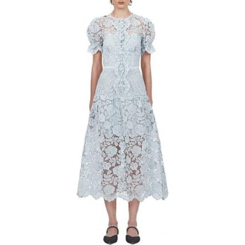 YiLin Kay High-end custom spring runway fashion designer Party dress Bubble sleeve sexy water - soluble flower hollow-out dress