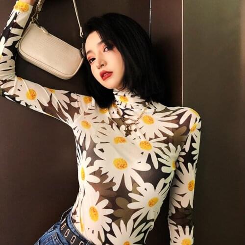 Womens Spring 2020 T Shirt Tops Small Daisy Printed Mesh Elastic Micro-Penetrated Turtleneck Bottoming Shirt