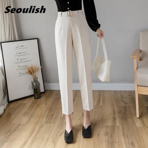 Seoulish 2021 New Women Formal Harem Pants Pockets High Waist Buttons Elegant Office Ankle-Length Female Pants Spring Summer