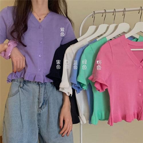 Woman TShirts Summer 2021V Collar Lace Short-Sleeved Knitted Cardigan Womens Top Crop Top Mujer Camisetas