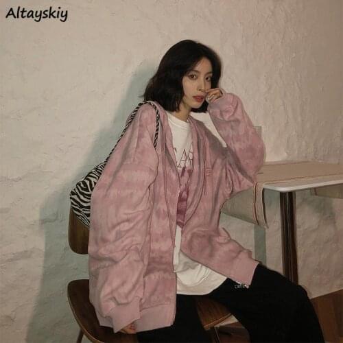 Hoodies Women Autumn Casual Chic Clothing Girls Hooded Ins Korean Styles Lady Long Sleeve Loose New Print Streetwear Pink Zipper