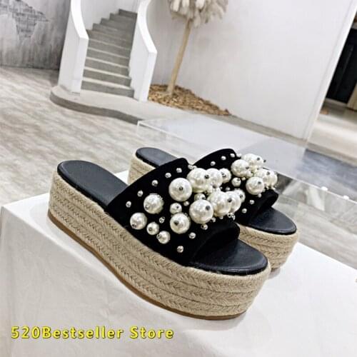 Shoes for women 2021 chaussure femme Metallic pearl flat Platform shoes Espadrille High Heels Shoes loafer SLIPPERS THICK HEEL