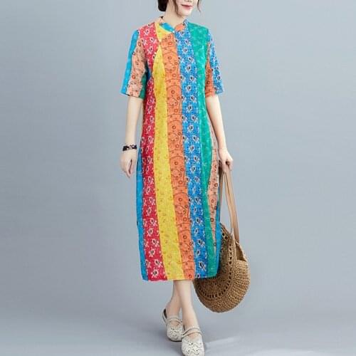 Women Summer Cotton Linen Casual Dress New 2021 Chinese Style Vintage Print Stand Collar Ladies Elegant A-line Long Dresses B805