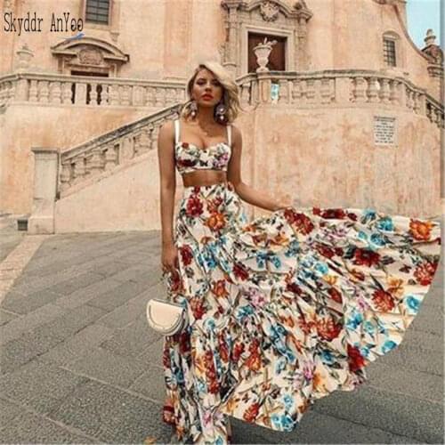 2020 Women Two Piece Set Summer Dress Vintage Printed Sleeveless Boho Maxi Dress Plus Size 3XL Elegant Party Dress Sexy Vestidos