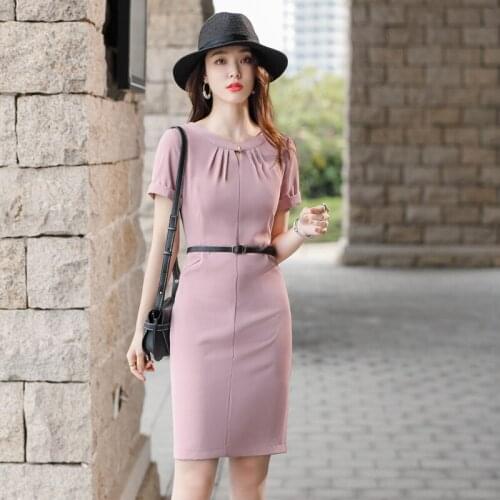 Summer Short Sleeve Elegant Pink Spring Summmer Dresses for Women Business Work Wear Office Ladies Beauty Salon Vestidos Clothes