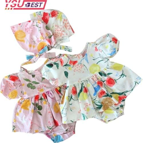 2020 Fashion Baby Girls Clothes Floral Toddler Twin Girls Bodysuits Princwss Bodysuit With Hat Cotton Newborn Clothes