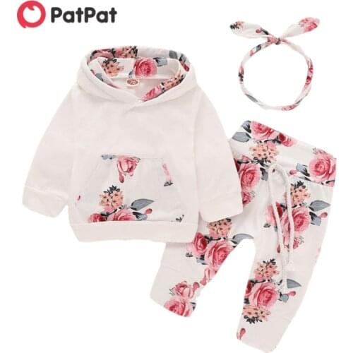 PatPat 2021 Hot Sale Spring and Autumn Beautiful Floral Long-sleeve Hoodie Pants and Headband Set Baby Toddler Girl Clothing