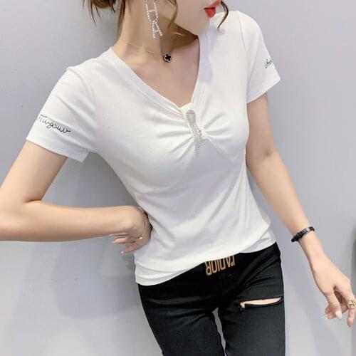 #6086 Summer Black White Casual T Shirt Women V Neck Sexy Slim Cotton Womens Tee Shirts Basic T Shirt Femme Short Sleeves Vogue