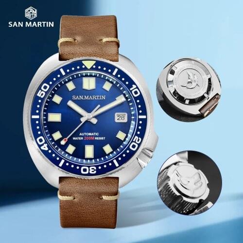 San Martin Turtle Diver Watch 20Bar Stainless Steel Men Mechanical Watches Sapphire Horween Leather Luminous Automatic Watch
