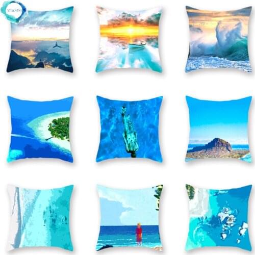 Marine Theme Deep Sea Diving Sea View Print Cushion Cover Blue Square Pillowcase Polyester Throw Pillow Cover 45X45cm