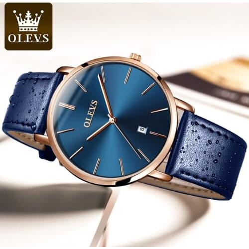 OLEVS 2021 Simple Business Mens Watch Top Brand Luxury Waterproof Ultra-thin Date Clock Leather Strap Classic Quartz Watch Blue