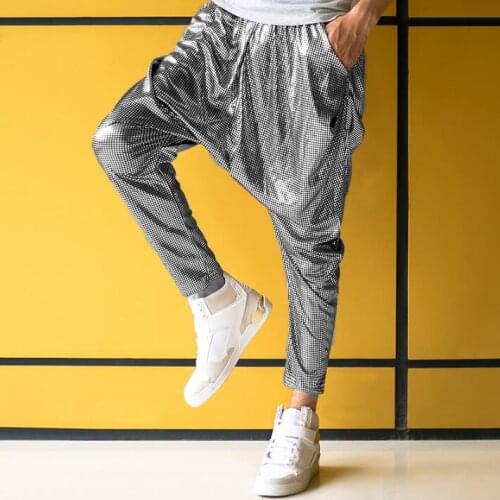 Stage personality men sequins pants tights low-rise harem pant men feet trousers singer dance rock fashion street white silver
