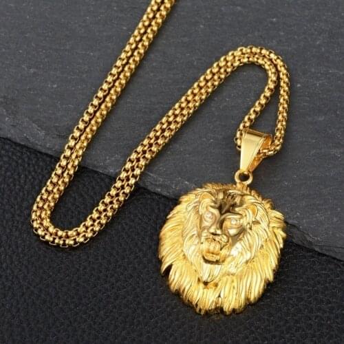 New Fashion Animal Rhinestone Crown Lion Head Hanging Necklace Luminous Necklace Mengold-Plated Punk Party Pendant Necklace