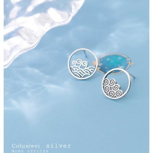 COLUSIWEI New Arrival Vintage 925 Sterling Silver Clouds And Sea Stud Earrings for Women Asymmetry Ear Studs Korean Fine Jewelry