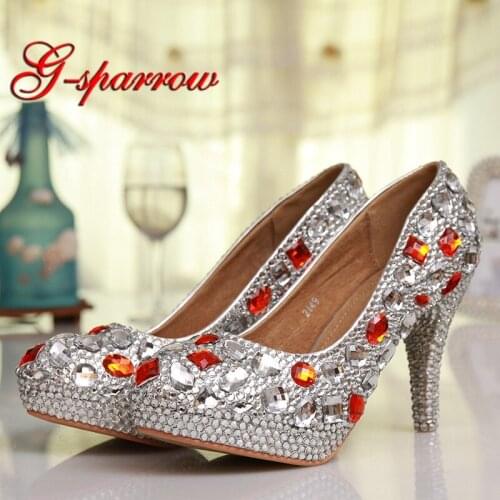 2018 New Designer Silver Rhinestone with Red Crystal Style Wedding Shoes Homecoming Party Pumps 4 Inches High Heel Prom Shoes