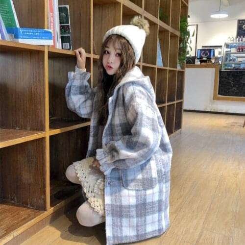 Autumn and winter clothing 2020 new popular Korean version of the loose long hooded plaid woolen coat student jacket female tide