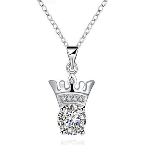 925 Sterling Silver colorCrown Crystal Pendant Necklaces Sterling Silver color925 Necklace Jewelry Collar Colar de Plata