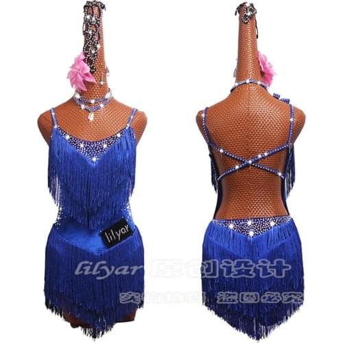 New Latin Dance Dress Competition Dress pole Costumes Skirt Performing Dress Adult Customize Children Royal blue fringed skirts