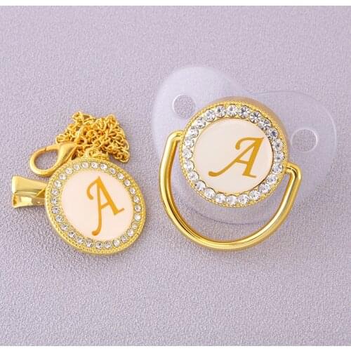 Luxury Transparent Initial Letter A Bling Bling Baby Pacifier with Chain Clip Newborn BPA Free Dummy Soother Chupete de bebe