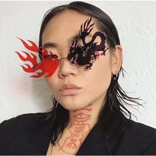 Rimless Punk Sunglasses Women Flame Dragon Phoenix Sun Glasses Red Black Lens Vintage Men Christmas 2020 Eyewear Glasses Shade