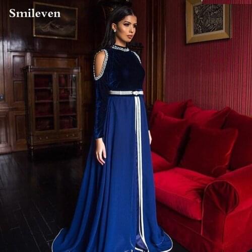 Smileven A Line Velvet Caftan Formal Evening Dresses Long Sleeve Pearls Evening Party Dress Chiffon Muslim Celebration dress