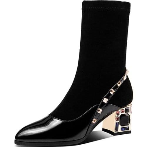 Concise Pointed Toe Mid-Calf Boots New Arrival Cow Suede Leather Thick High Heels Winter Party Working Shoes Woman