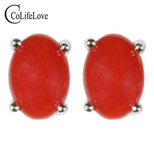 CoLife Jewelry 925 Silver Red Coral Earrings for Daily Wear 5*7mm Natural Red Coral Silver Earrings Silver Red Coral Jewelry