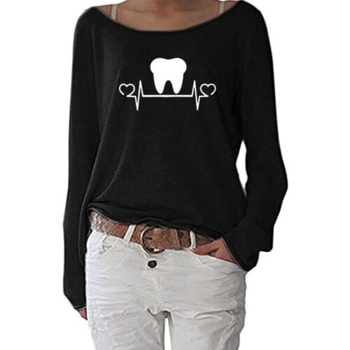 Fashion Tooth TEETH Lifeline Heartbeat Print Women T Shirt Long Sleeve Funny Autumn Tops Streetwear Tshirt Women Casual Clothes