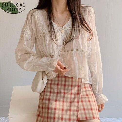 2021 New Women Lace Blouse Floral Shirt V-neck Flare Sleeve Ladies Tops Korean Style Sweet White Blouses Blusas Mujer 13037