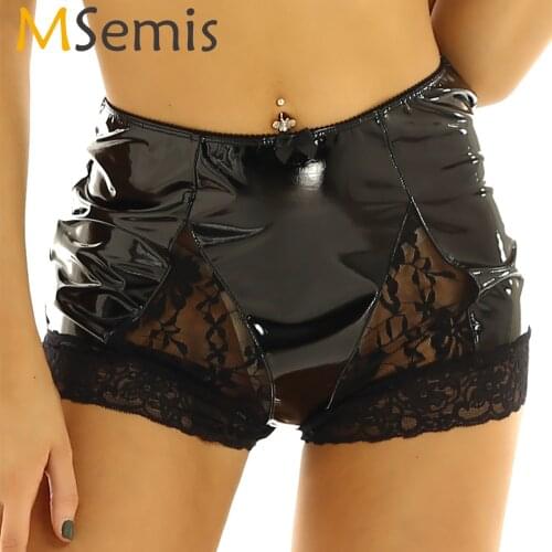 MSemis Women Sexy Lingerie Leather Wet Look High Waist Front Lace Panel Full Coverage Panty Boy Shorts Underwear Erotic Shorts
