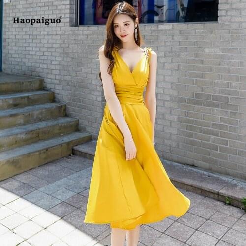 Solid A-line Dress Summer Black Yellow Sleeveless V-neck Spaghetti Strap Elegant Club Ladies Dress Vintage Party Korean Dresses