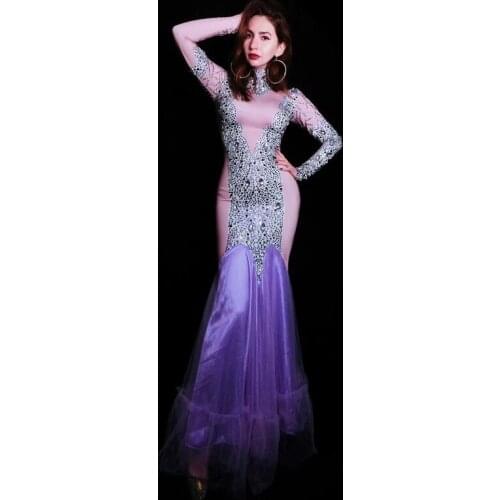 Women Birthday Celebrate Outfit Singer Dancer Dress Prom Evening Long Dress Flashing Rhinestones Purple Trumpet Dress