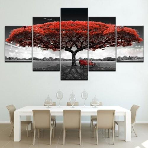 5 panel Printed red tree art scenery landscape modular picture large canvas painting for bedroom living room home wall art decor